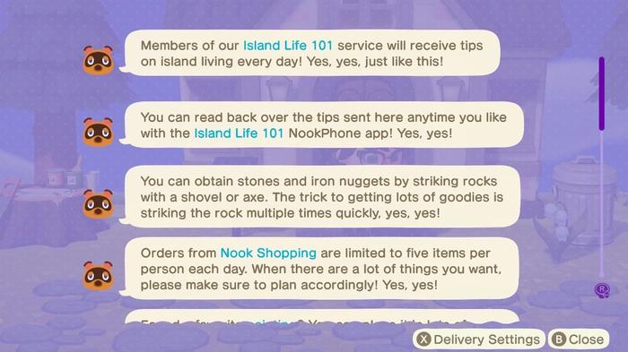 The Island Life Service 101 app when opened from the Nook Phone in Animal Crossing: New Horizons.