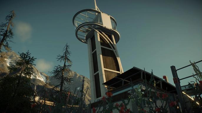 A Viewing Platform in Jurassic World Evolution 2. Image is taken from the ground looking up at the viewing platform building.