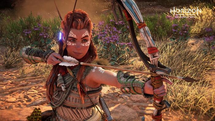 Horizon Forbidden West Aloy wearing Utaru Protector Face Paint while drawing her bow.