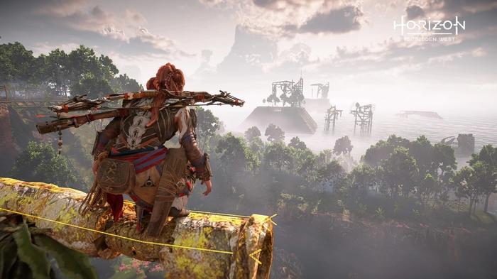 Horizon Forbidden West Aloy crouching on a rusted bar overlooking a jungle environment
