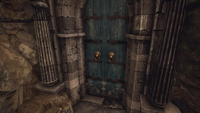 The Forgotten City. The blue locked doors to the upper cistern. The doors are blue. There are gold lion door-knockers on each door. The archway surrounding the door has two columns either side of it.