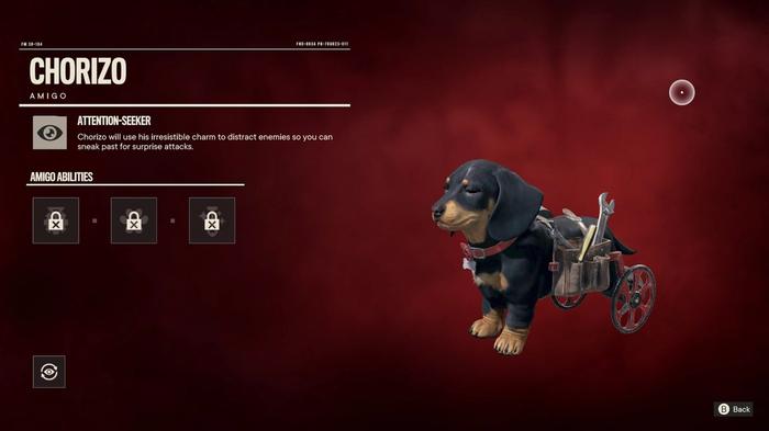 Far Cry 6 Stealth Amigo, the Daschund dog with wheels, Chorizo.