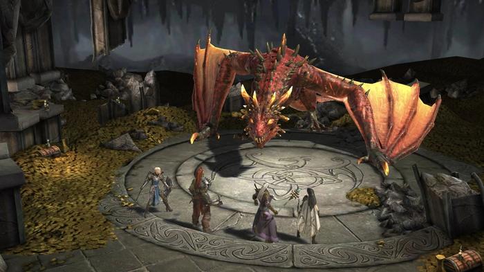 The four starting characters fight a dragon in Raid: Shadow Legends.