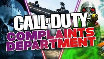 Call of Duty complaints department logo with ghost and gas mask player in background