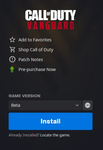 The COD: Vanguard install page with an available install button.