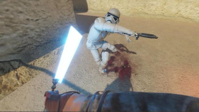 The player is attacking a Storm Trooper with a lightsaber