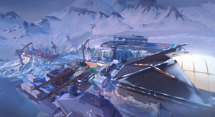 This image is an eagle eye view of the Icebox Map in Valorant. It is designed by Riot Games.