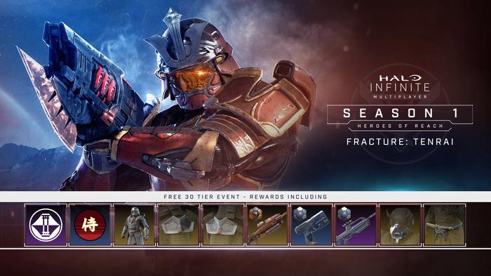 Some of the Fracture Tenrai event rewards, including weapon skins, banner icons, and more
