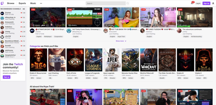 The front age of Twitch. There are many preview images but two that stand out are for an e-girl and another girl doing a hot tub stream. Both are dressed in sexually appealing clothing.