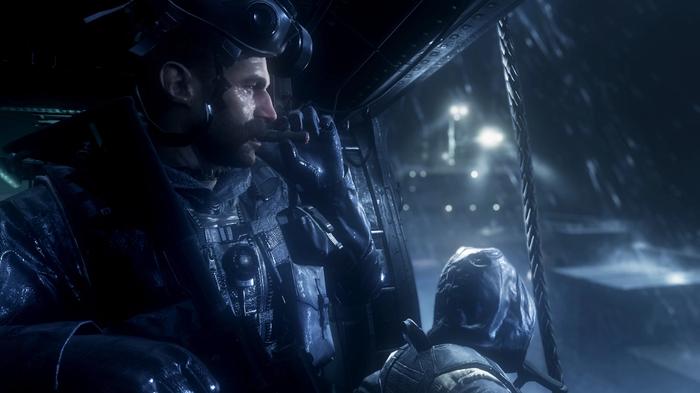 Captain Price smoking a cigar in a helicopter in Call of Duty 4: Modern Warfare