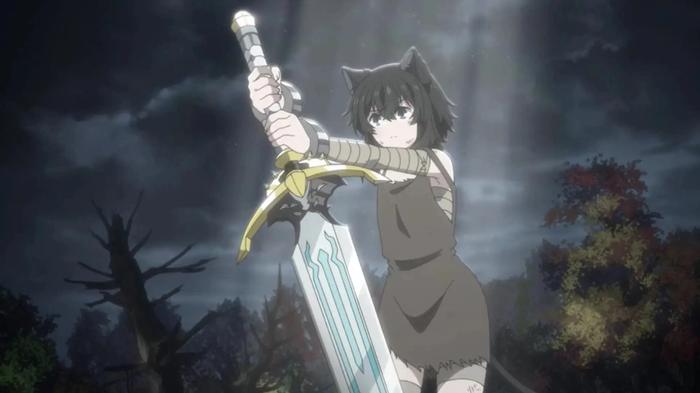 A cat girl holds a sword to the ground in Reincarnated as a Sword.