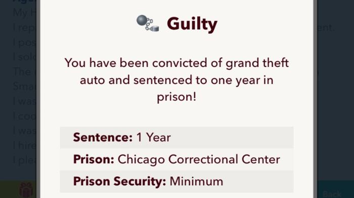 Screenshot from BitLife, showing a guilty sentence from the in-game legal system