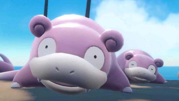 Two Slowpoke loafing around in Pokemon Scarlet and Violet.