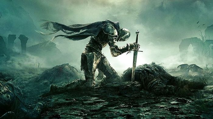 An Elden Ring character kneels with a blade in the ground.