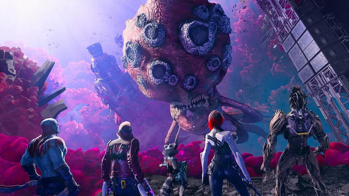 The Guardians of the Galaxy face down an alien on a pink-tinged planet