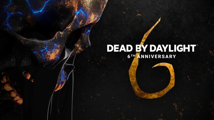A skull on the left side, with writing that reads "Dead by Daylight 6th Anniversary"