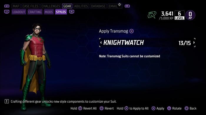 Robin Transmog suit in the customisation menu of Gotham Knights