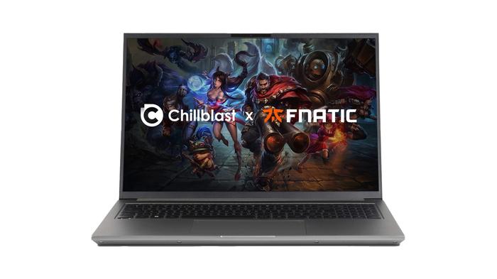Best laptop for Modern Warfare 2 - Chillblast Fnatic Flash product image of a grey laptop with fantasy characters and Chillblast x Fnatic branding on the display.