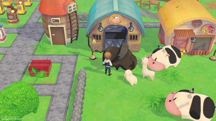 The player character tending to livestock in Story of Seasons: Pioneers of Olive Town