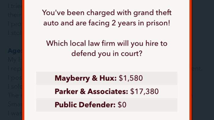 Screenshot from BitLife, showing the three legal representation options once arrested