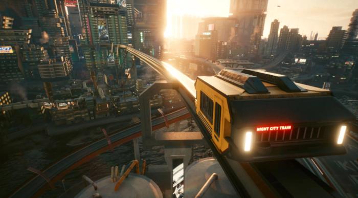 A metro car system in Cyberpunk 2077.