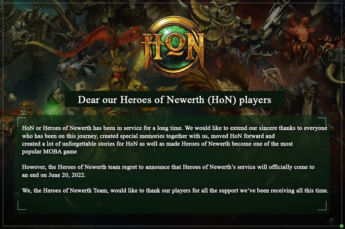 The official announcement from Heroes of Newerth regarding the permanent shutting down of game servers.