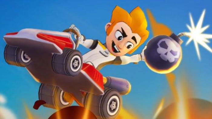 Screenshot from Boom Karts, showing a racer preparing to throw a bomb at an opponent