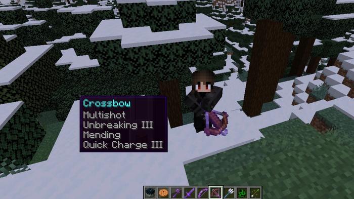 A Minecraft player standing surrounded by snow while holding her crossbow. 