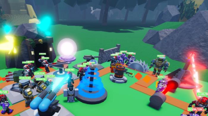 Green field with blocky weapons and lasers fighting