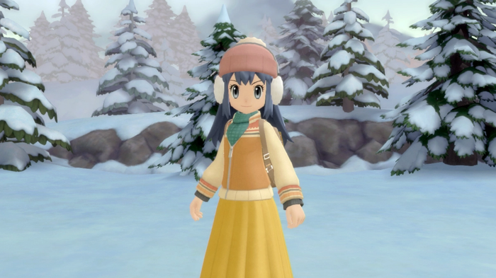 Pokémon Trainer Dawn wearing the Winter Style outfit in Pokémon Brilliant Diamond and Shining Pearl.