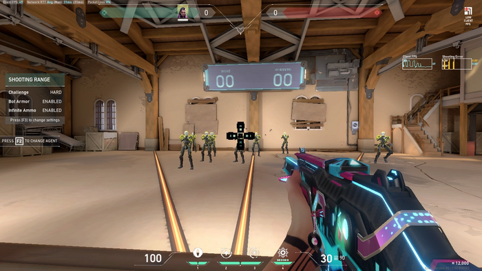 Valorant player aiming at practices bots with huge crosshair.