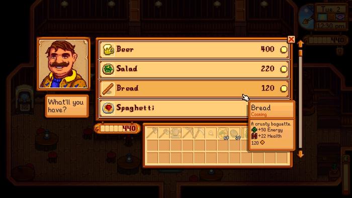 Stardew Valley. The food menu at Stardrop Saloon. The menu shows that Bread has been highlighted for 120 gold. The break restores 50 energy and 22 health