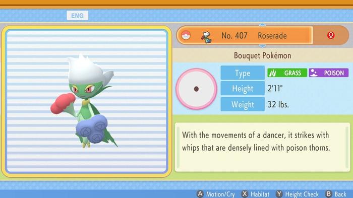 Roserade's entry in the National Pokédex in Pokémon Brilliant Diamond and Shining Pearl.