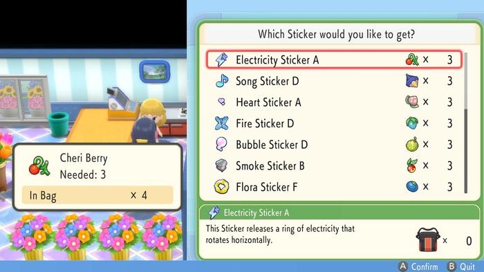 A Pokémon Trainer in the Pick a Peck of Colors Flower Shop exchanging berries for stickers in Pokémon Brilliant Diamond and Shining Pearl.