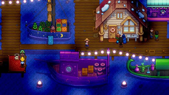Stardew Valley, Nightmarket. The image (from the official website) shows the nightmarket near the docks. There are lights linking two boats and a fortune teller on the wooden pier to the left.