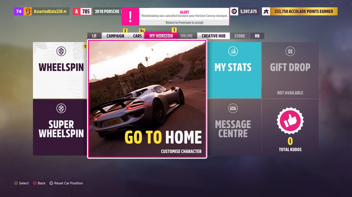 The 'Go to Home' option in the main menu for Forza Horizon 5