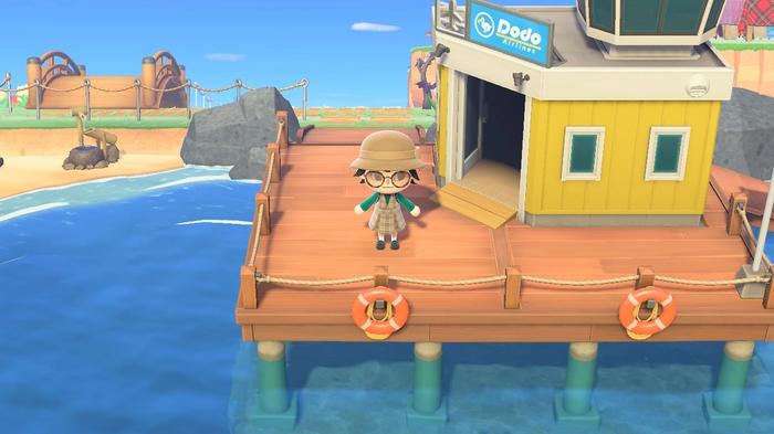A player standing outside of the airport on their island, ready to take the May Day Tour, in Animal Crossing New Horizons.