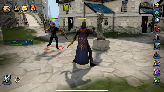 Two warriors battling in a village in RuneScape