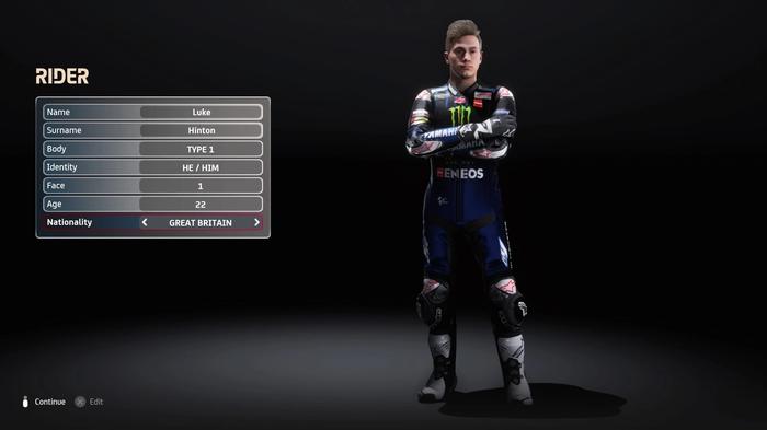Image of the character customisation menu in MotoGP 22 career mode.