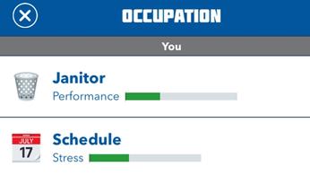 Screenshot from BitLife, showing the occupation menu, including the character's role and schedule