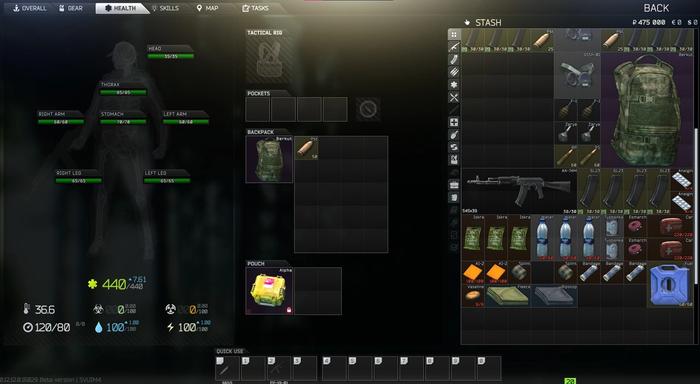 The health section of the character menu where a player can heal their PMC in Escape From Tarkov is shown.