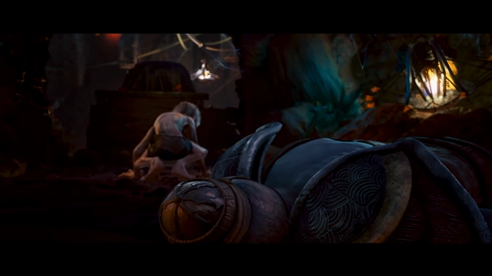Gollum game image showing Gollum sitting near dead Orc.