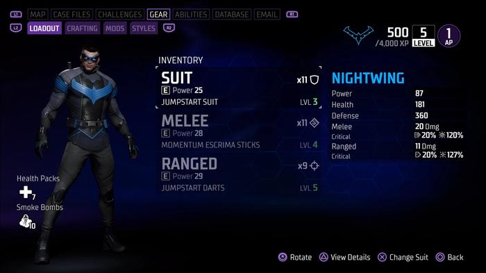 The Nightwing character customisation menu in Gotham Knights.
