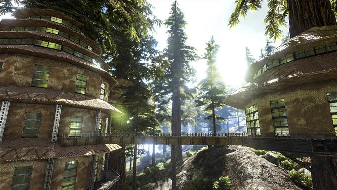 A treetop set of bunkers in ARK: Survival Evolved.