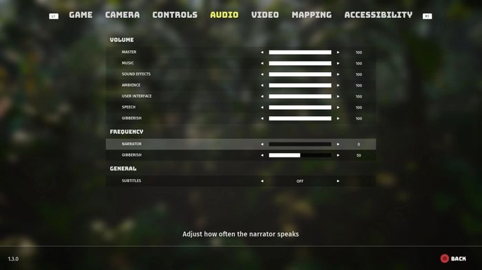 The audio settings menu in Biomutant
