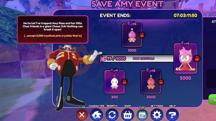 The Save Amy event screen in Sonic Speed Simulator.