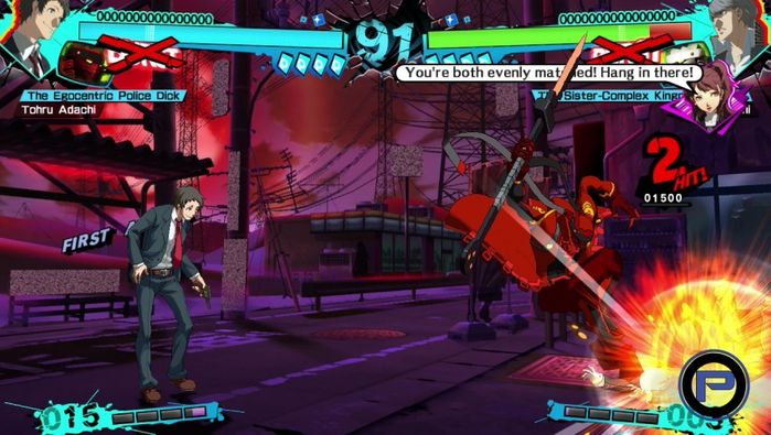 Persona 4 Arena Ultimax gameplay screenshot - Tohru Adachi (left) and Yu Narukami (right) in a fight.