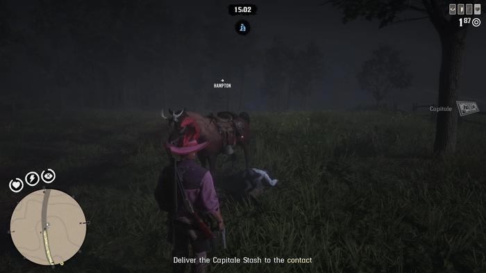 A player finds Capitale on a corpse in Red Dead Online during a Blood Money crime mission