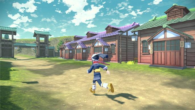 A player running through Jubilife Village in Pokemon Legends: Arceus.