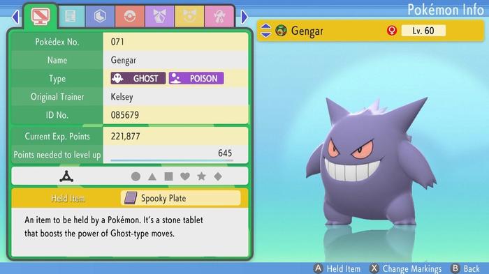Ghost and poison-type Gengar's summary in Pokémon Brilliant Diamond and Shining Pearl.